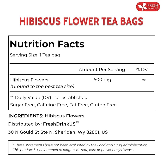 FreshDrinkUS, Premium 10 Hibiscus Flowers Tea Bags, 100% Natural, Pure from Hibiscus Flowers. Loose Flower Herbal Tea. No Sugar, No Caffeine, No Gluten, Vegan.