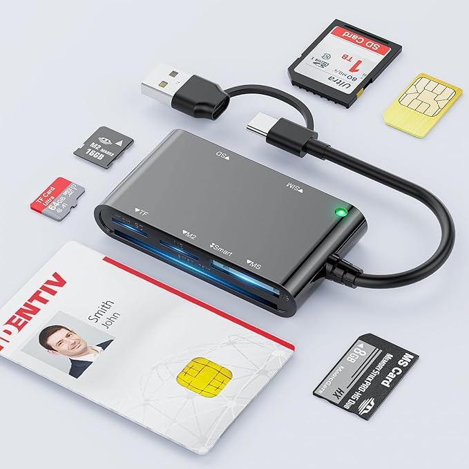SIM Card Adapter, CAC Smart Card Reader Military, 6-in-1 USB C/USB A Multi-Card Adapter for SIM, CAC, ID, SD/TF, M2, Memory Stick – Compatible with Windows, Mac, Linux (USB A + USB C)