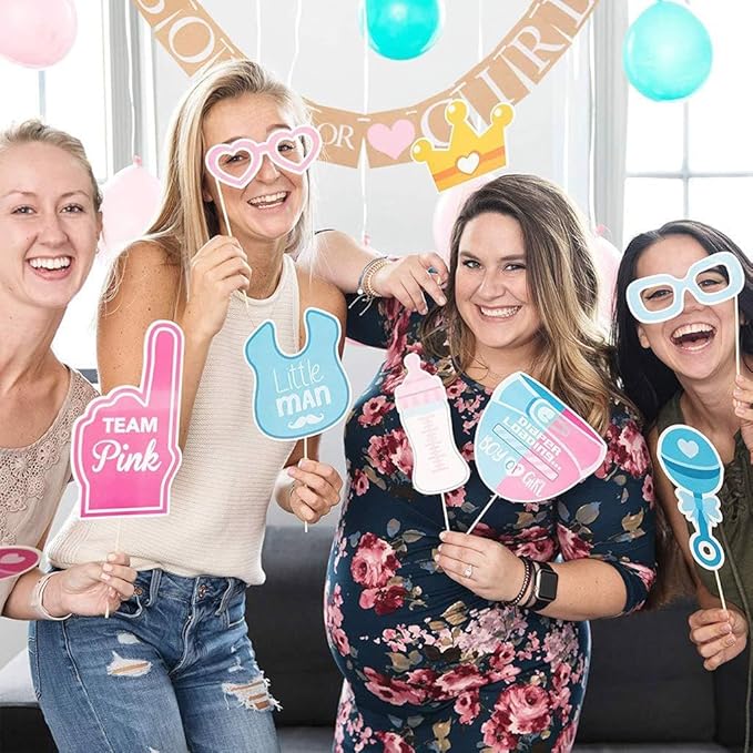 30Pcs Gender Reveal Photo Booth Props Boy or Girl Theme Selfie Props Baby Shower Gender Prediction Decor He or She Photography Backdrop for Gender Reveal Baby Shower Party Supplies