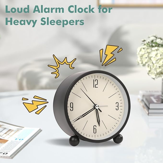 Blusaryme Analog Alarm Clock - 4 Inch Super Silent Non-Ticking, Battery Operated Small Clock with Night Light, Elegant Bedside Desk Clock for Bedroom, Living Room, Office, Student Gift