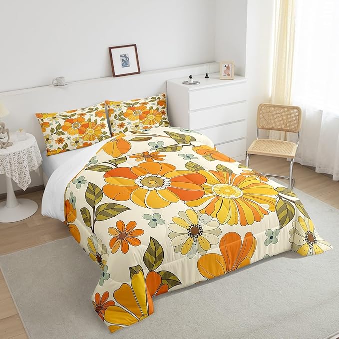Castle Fairy Retro Flowers Bedding Set King Size,Watercolor Yellow Floral Green Leaves Plant Comforter Set Room Decor for Couple,70s Trippy Daisy Microfiber Down Comforter,2 Pillowcases