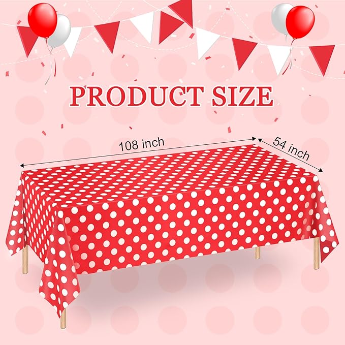 WNINK 6 Pack Red and White Polka Dot Tablecloths – Disposable Plastic Waterproof Table Cover, 54" x 108", for Birthday, Wedding, Bridal Shower, Bachelor Party, and Picnic