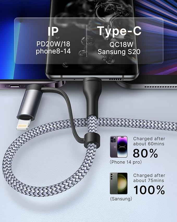 XUDUO 4 in 1 Charging Cable [2Pack 6.6FT] Fast Charging Cord Apple MFi Certified Lightning Cable Nylon Braided 60W Multi USB C Cable for iPhone 16/15 14 13 12 iPad Samsung Galaxy MacBook iPad Tablets