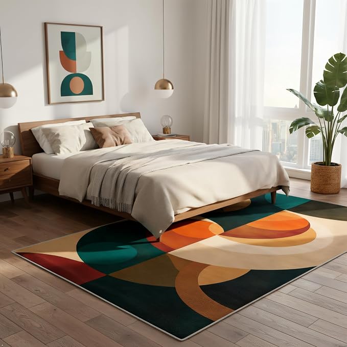 Mid Century Geometric Area Rug 5x8 – Retro Abstract Circle Pattern Rug for Living Room & Bedroom, Low Pile Washable Indoor Rug with Non-Slip Backing