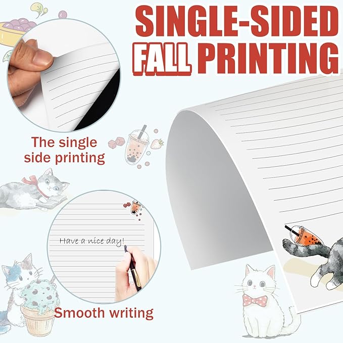 EggSun 250Pcs Cute Stationery Paper and Envelope Set with 100 Letterhead Papers and 50 Envelopes, 10 Design for Letter Writing Invitations Computer Holidays Party Notes, 8.5x11 Inch- Lined Cat