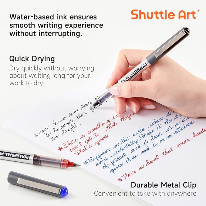 Shuttle Art Rollerball Pens, 10 Pack(8 black 1 blue 1 red) Liquid Ink Pens, 0.5mm Extra Fine Point, Quick Drying for Writing Journaling Taking Notes School Office
