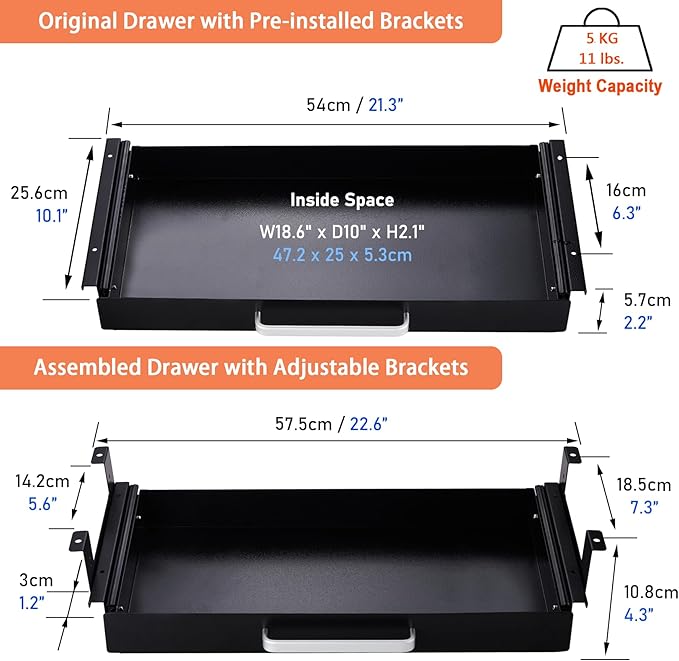 OSteed Under Desk Drawer Organizer 21" Black Upgraded with Adjustable Brackets, Sliding Pull-Out Under Table Pencil Drawer, Office Standing Desk Attachment for Workbench