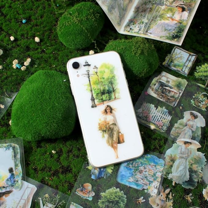 Dwpetzo Spring Landscape Pre-Cut Journal Sticker Book for Junk Journaling, Transparent PET Stickers for Scrapbook Supplies, Scrapbooking, Collage, Planners, Bujo, 20 Sheets