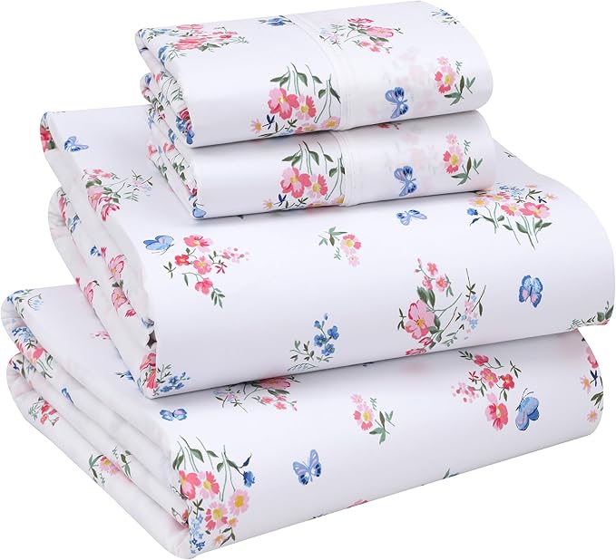 RUVANTI 100% Cotton California King Sheet Sets, 4 Pieces, Soft & Breathable Percale Weave Bedding, Deep Pocket 14", Hotel Standard, Crisp Cool Feel & Durable, Perfect Floral Sheets, Funa Flora