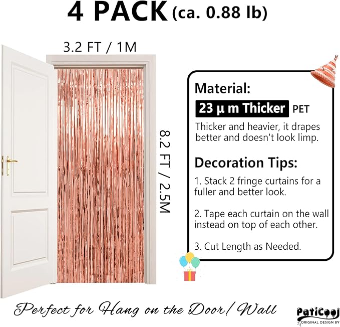 Thicken Rose Gold Streamers 4 Pack 3.2 x 8.2 FT, Tinsel Backdrop Curtains, Birthday Decorations for Women Girls, Foil Fringe Photo Backdrop for Bridal Shower, Baby Shower Party Decorations
