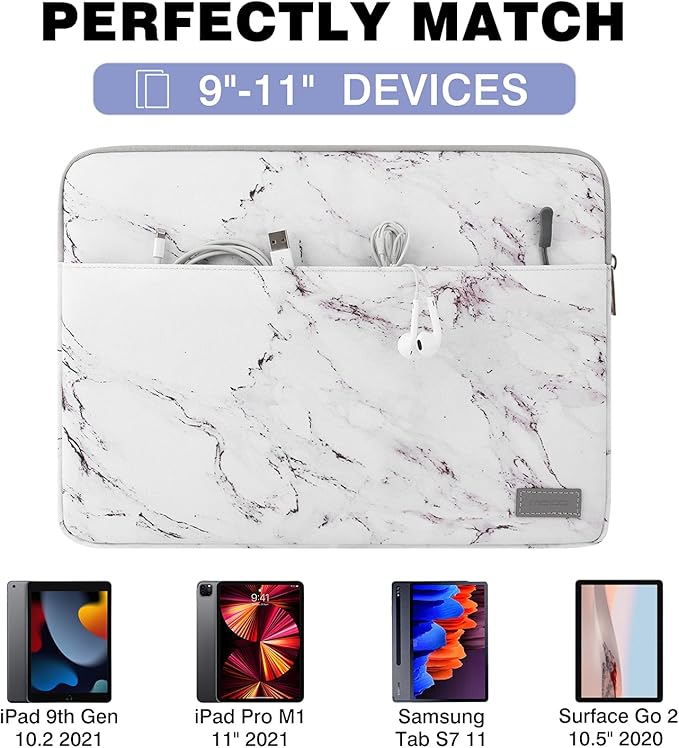 MoKo 9-11 Inch Tablet Sleeve Bag Carrying Case Fits New 11 inch iPad Air M3, iPad A16 2025, iPad Pro 11 M4/Air M2, iPad Air 5/4/3th, iPad 10/9/8/7th, Marble