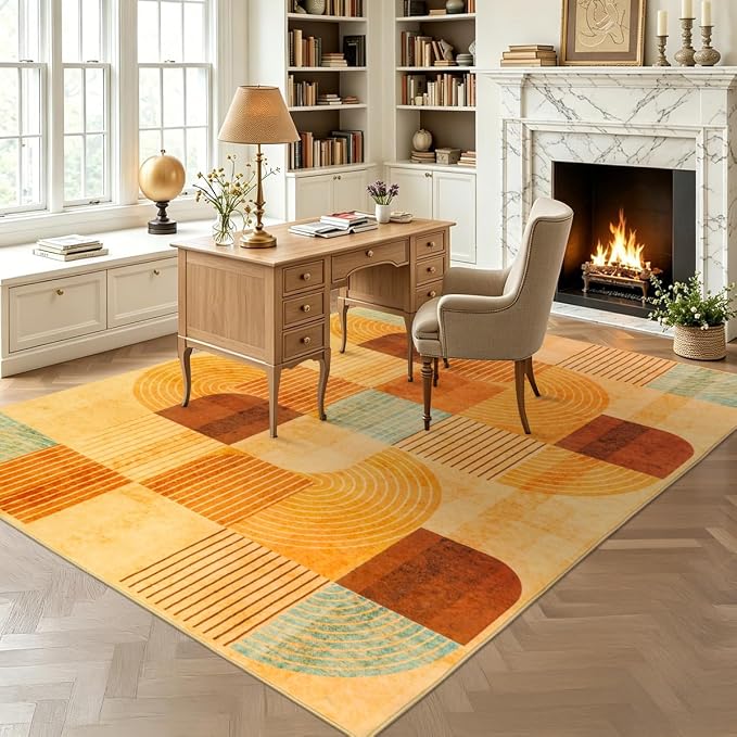 4x6 Area Rugs for Living Room, Soft Modern Geometric Rug for Bedroom, Washable Non-Slip Indoor Floor Abstract Carpet for Dining Room Nursery Home, Multi/Orange