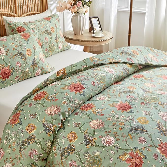 LifeTB Farmhouse Floral Comforter Full Comforter Set Botanical Flowers Vines Pattern on Green Floral Bedding Comforter Set Fluffy Soft Microfiber Aesthetic Bedding Botanical Comforter for All Seasons