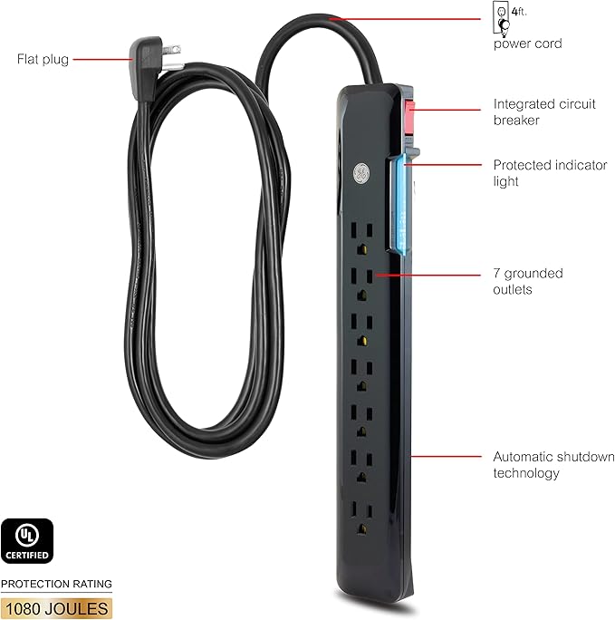 GE 7 Outlet Surge Protector, 4 Ft Power Cord, 1080 Joules, Flat Plug, Power Filter, Circuit Breaker, Warranty, UL Listed, Black, 34460