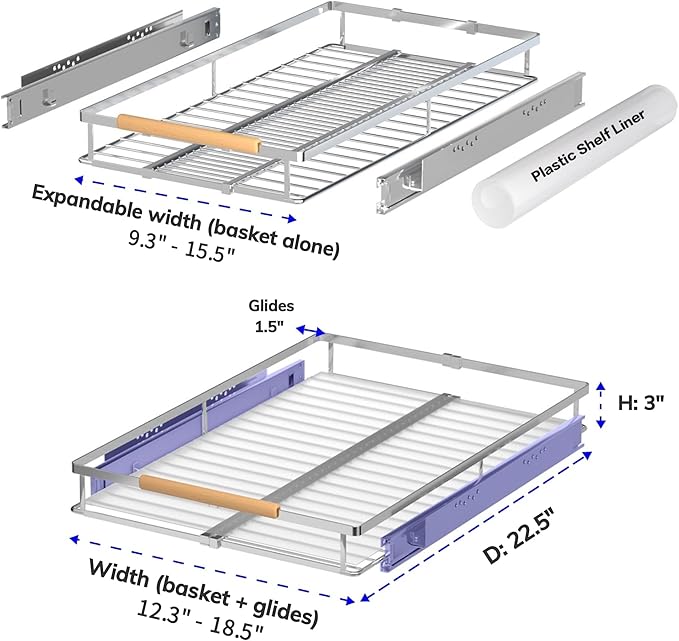 KIKIBRO Pull Out Drawer Cabinet Organizer, Expandable Slide Out Storage Shelves - Heavy Duty, Durable and Smooth Slide-Out, 12.3"~18.3" Wide x 22.5" Deep, 1 Pack