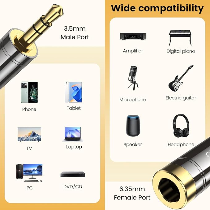 MOSWAG 3.5mm Male to 1/4'' Female Stereo Headphone Adapter, 3.5mm(1/8'') Plug Male to 6.35mm (1/4'') Jack Female Stereo Adapter for amplifiers, Mixing Console, Home Theater Devices, Electric Guitar