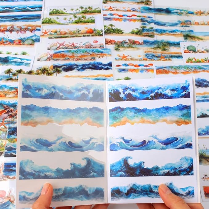 20 Sheets Seaside Landscape Pre-Cut Journaling Stickers Book for Junk Journaling, Scrapbooking, Collage, Planner, Album, Transparent PET and Washi Stickers for Adults