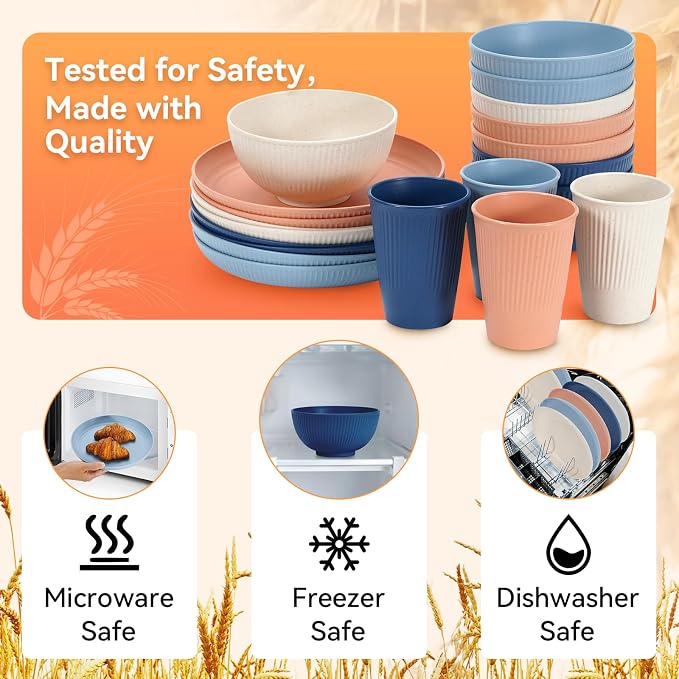 Wheat Straw Dinnerware Sets,64-Piece Plates and Bowls Sets for 8-Unbreakable,Reusable Plastic Dish Set-Dinner Plate/Dessert Plate/Cereal Bowl/Cup/Utensils-Microwavable Dishwasher Safe 64P-Deep Blue
