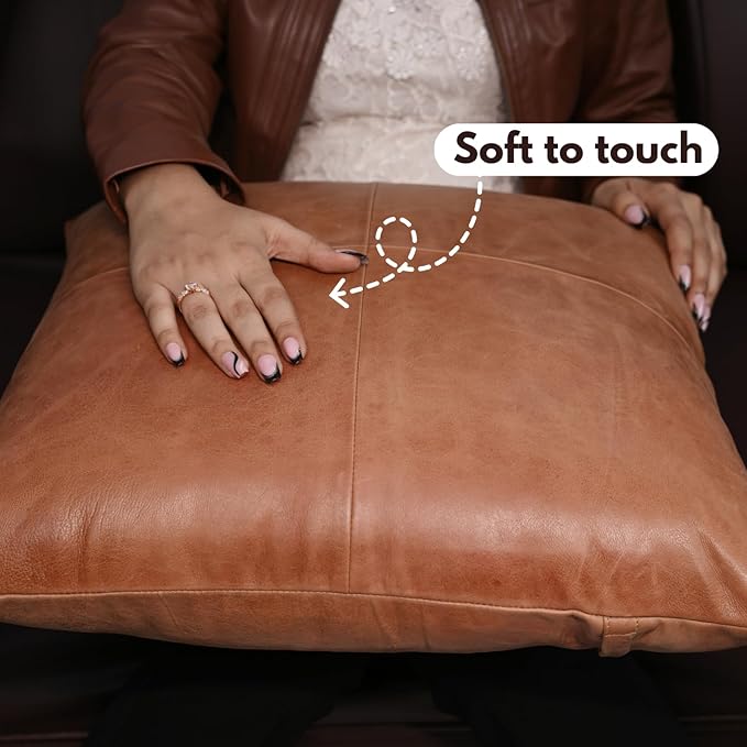 D DOLLY LAMB Lambskin Leather Pillow Cover - Sofa Cushion Case - Decorative Throw Covers for Living Room & Bedroom, 22x22 Inches - Antique Brown Plain