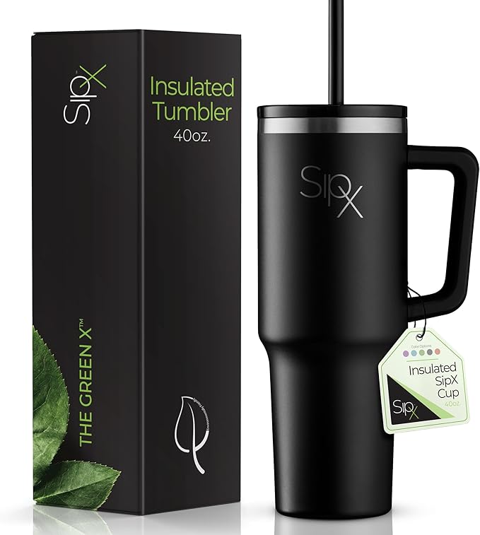 SIPX™ 40 oz Insulated Tumbler with Handle & Straw – Vacuum Insulated Stainless Steel, Leakproof, Cupholder Friendly – Perfect for Iced Coffee, Water & Travel – Black