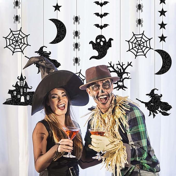 Halloween Black Creepy Vintage Party Decorations - 12Pcs Hanging Streamers Garland,Bat Witch Spider Swirl Ceiling Outdoor Indoor Wall Decor Party Props,Porch Room Scary Supplies Hugtmr