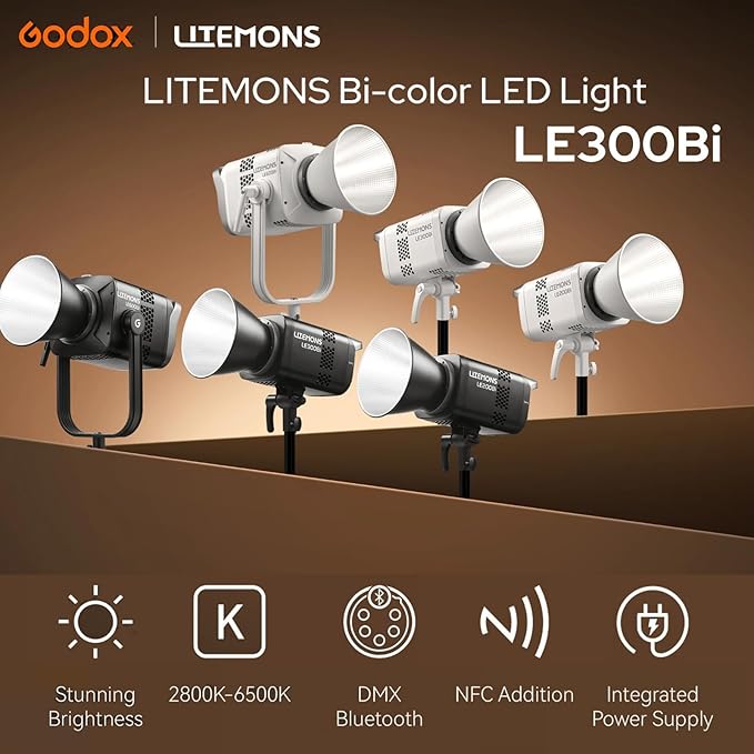 Godox Litemons LE300Bi COB Led Video Light,320W Power,2800-6500K CCT,58900 Lux@1m,Bowens Accessory Mount,Wired DMX/RDM,Bluetooth for Studio Photography Video Recording Live Streaming (White)