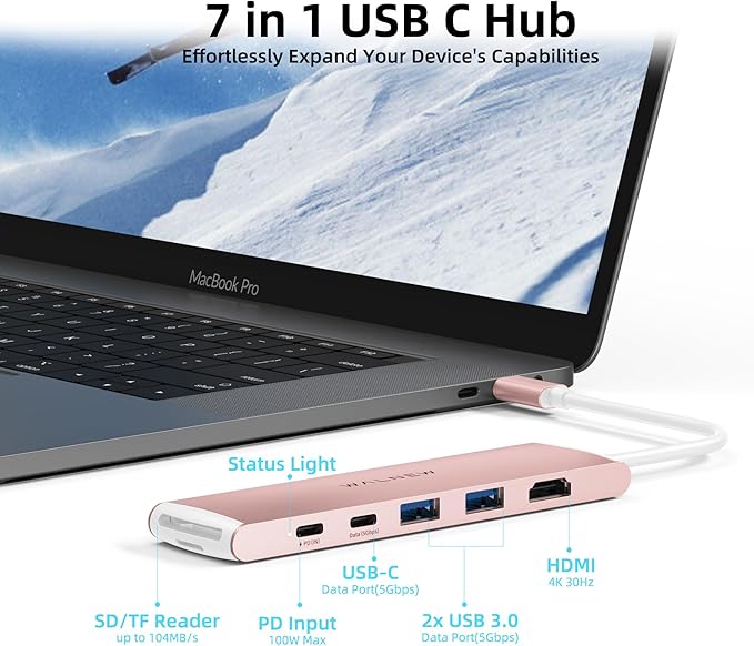 WALNEW 7 in 1 USB-C Hub with 4K HDMI,100W PD,5Gbps Data Port(1 Type-C & 2 USB 3.0),SD/TF Reader, Thunderbolt 4 Dock Multiport Adapter for MacBook Pro Air,Mac,iPad 10/Mini 6,Surface (Pink)