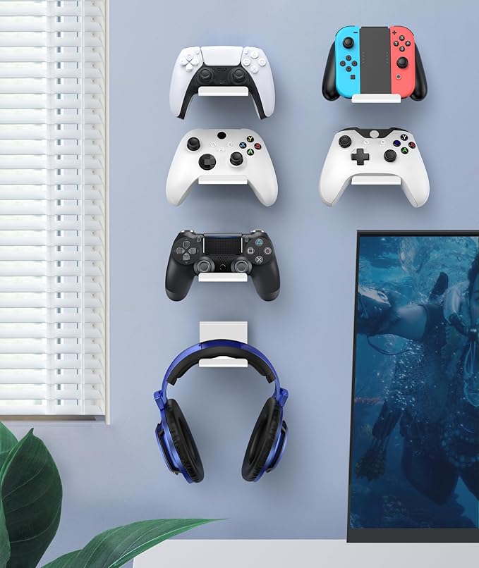 4 Pack Foldable Controller Wall Mount Holder for Xbox PS5 PS4 PS3 Switch Pro Strong Adhesive/Screw Upgraded Controller Stand Hanger with Anti-slip Pad Universal Gaming Remote, Headphone Accessories