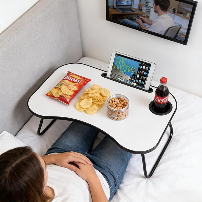 Laptop Bed Desk, Foldable Wooden Lap Desk with Cup Holder & Tablet Slot, Portable Lap Table & Bed Tray Table for Eating & Lap Desk Food Tray & Working on Couch, Sofa & Bed, 23.8 x 15.8 in.