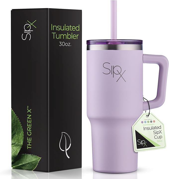 SIPX™ 30 oz Insulated Tumbler with Handle & Straw – Vacuum Insulated Stainless Steel, Leakproof, Cupholder Friendly – Perfect for Iced Coffee, Water & Travel – Purple