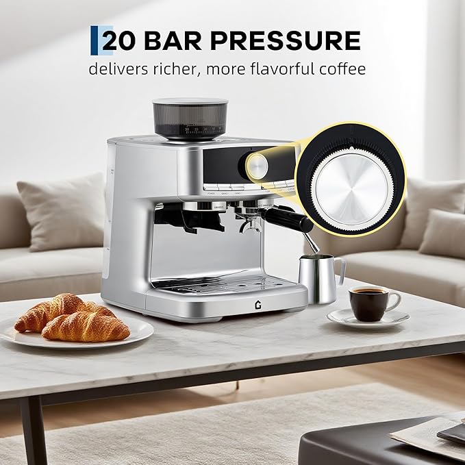 20 Bar Espresso Machine with Built-in Grinder, Stainless Steel Coffee Maker with Milk Frother Steam Wand, 1.5L Removable Water Tank, Adjustable Shot Volume for Home & Office