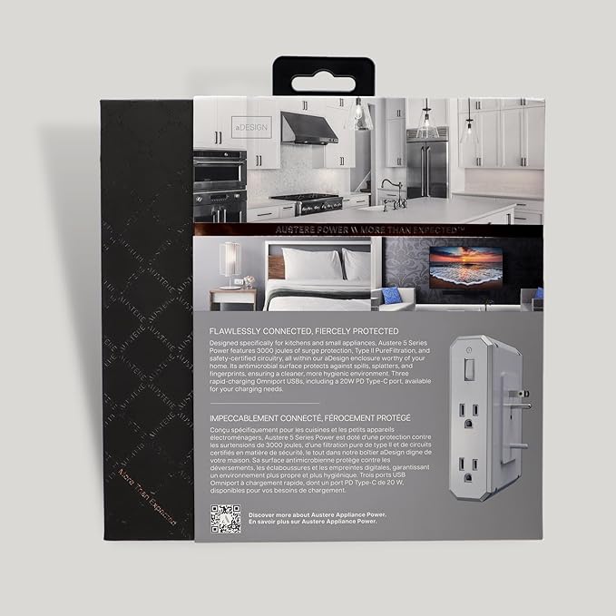 Austere V Series, Appliance Wall Power 4 Outlet Surge Protector for Kitchen, 3000 Joules, 1 USB-C 20W Fast Charger, 2.4 amps USB-C and A Ports, Overcurrent Protection, 5 Year Component Guarantee