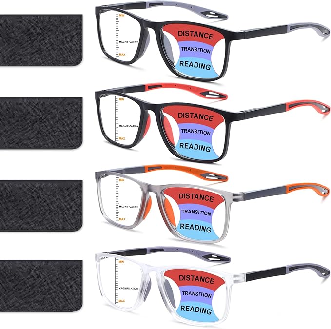 BLOEXCLU 4 Pack Progressive Multifocus Reading Glasses for Men Women TR90 Sports Style Anti-Blue Light Computer Readers