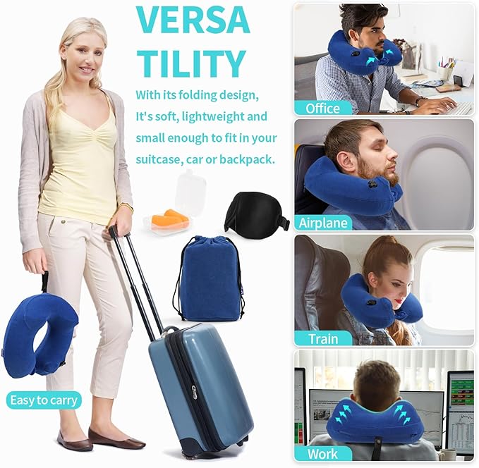Inflatable Travel Neck Pillow for Airplane, Head Support Velvet Adult Neck Pillow for Long Flight, Kit with Eye Mask, Earplugs and Storage Bag,1, Navy Blue