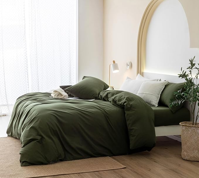 JIYUAN 100% Washed Cotton Duvet Cover Set 3 Pieces Full, 1 Duvet Cover 80x90 Inches(Comforter Not Included) and 2 Pillowcases,Linen Feel Bedding Set Comfy and Breathable,Olive Green