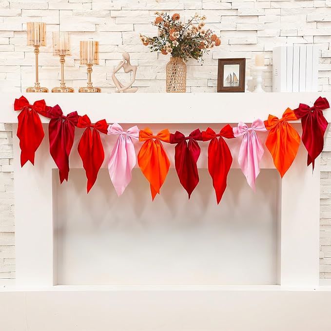 VitalCozy Red Bow Garland Banner, Satin Ribbon Bow Party Hanging Garland Decoration for Birthday Christmas Holiday Party Supplies