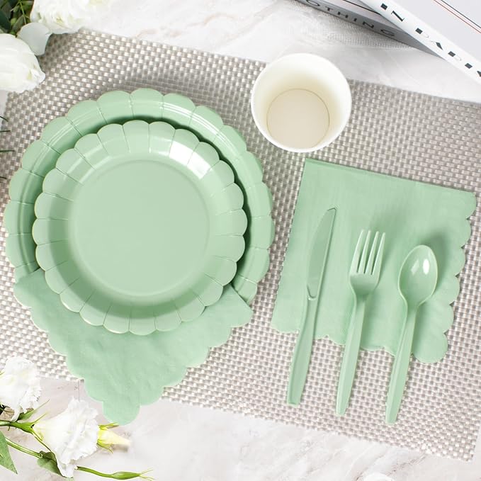 Vyntra 350 PCS Disposable Plates for Boho Party, Paper Plates & Napkins Set with Cups, Knives, Forks, Spoons, 7'' Dessert and 9'' Dinner Plates for Wedding, Baby Shower, Birthday - Sage Green