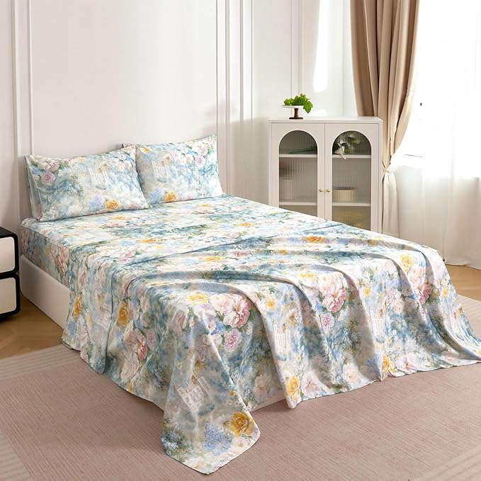 Zusbest California King Sheets Luxury Floral Bed Sheet Set 100% Cotton, Satin Weave Soft Breathable for Hot Sleepers Romantic Peony Flowery Printed Cottagecore Bedding Deep Pocket 17.5‘’, 4Pcs