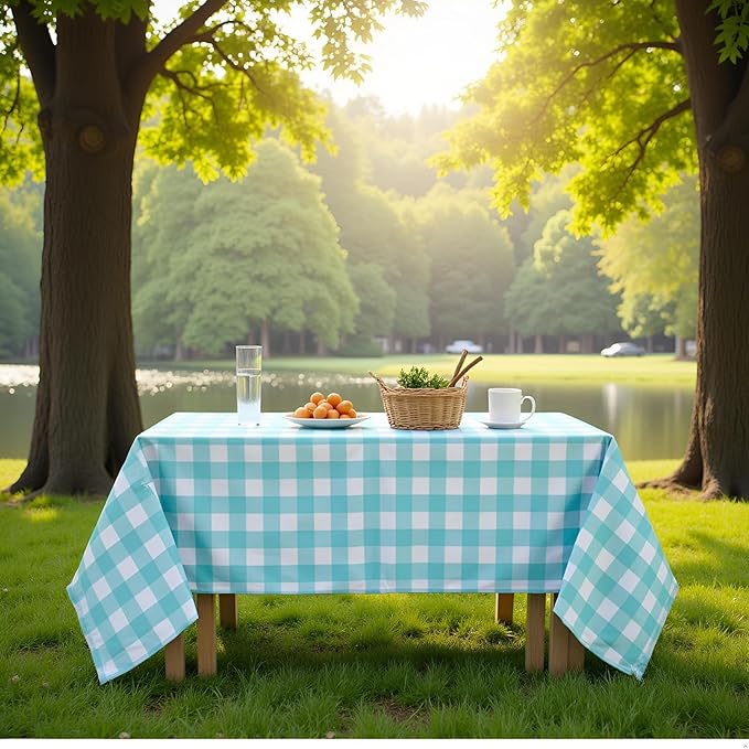 3 Packs Aqua and White Checkered Tablecloth 54x108 Inches Rectangle Gingham Tablecloth Disposable Plastic Waterproof Table Cover for Outdoor Picnic Kitchen and Birthday Party