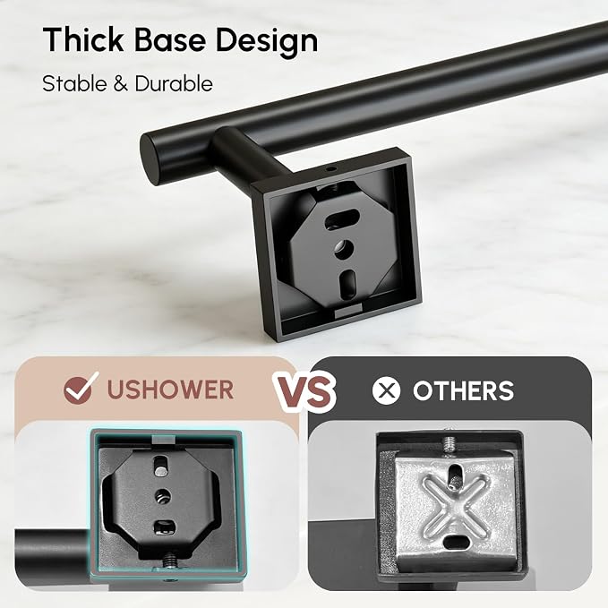 USHOWER Matte Black Towel Bar, 18 Inch Towel Racks for Bathroom Wall Mounted, 304 Stainless Steel Towel Holder with Square Base, Modern Home Decor (Total Length 20 Inch)