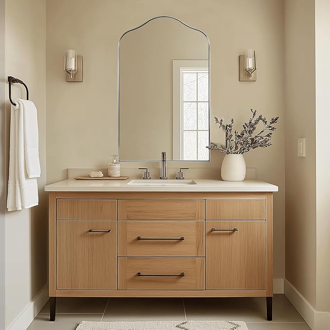 ANDY STAR Scalloped Arched Mirror, 24x38 Brushed Nickel Irregular Bathroom Mirror for Vanity, Asymmetrical Curved Top with Rustproof Stainless Steel Frame, for Entryway, Bedroom, Mantel, Fireplace