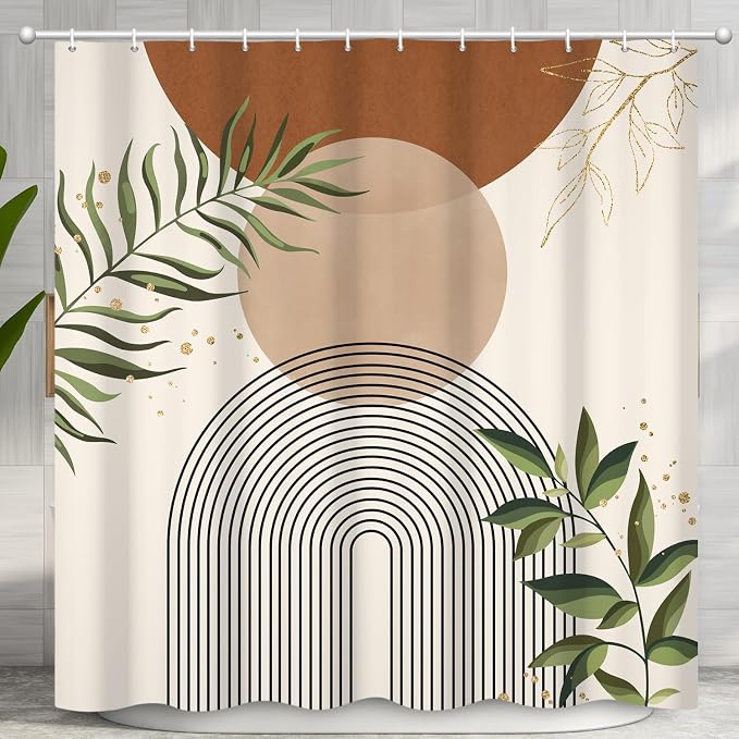 Boho Mid Century Shower Curtain, Brown Modern Minimalist Abstract Geometric Green Gold Plant Leaves Sun Arch Bathroom Curtains Waterproof Fabric Buthtub Curtain Set with Hooks 72" Wx72 L
