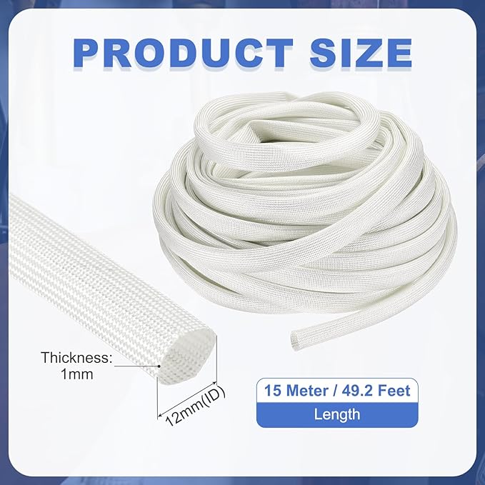 uxcell Insulation Cable Protector,12mm/0.47 Inch-15m/49 Feet High Temp Fiberglass Sleeve White