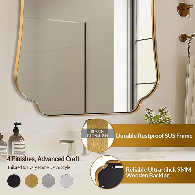 ANDY STAR 36x48 Inch Brushed Gold Bathroom Mirror, Luxury Brass Scalloped Wall Mirror with Stainless Steel Frame, Large Decorative Wave-Edge Vanity Mirror for Living Room, Entryway, Bedroom