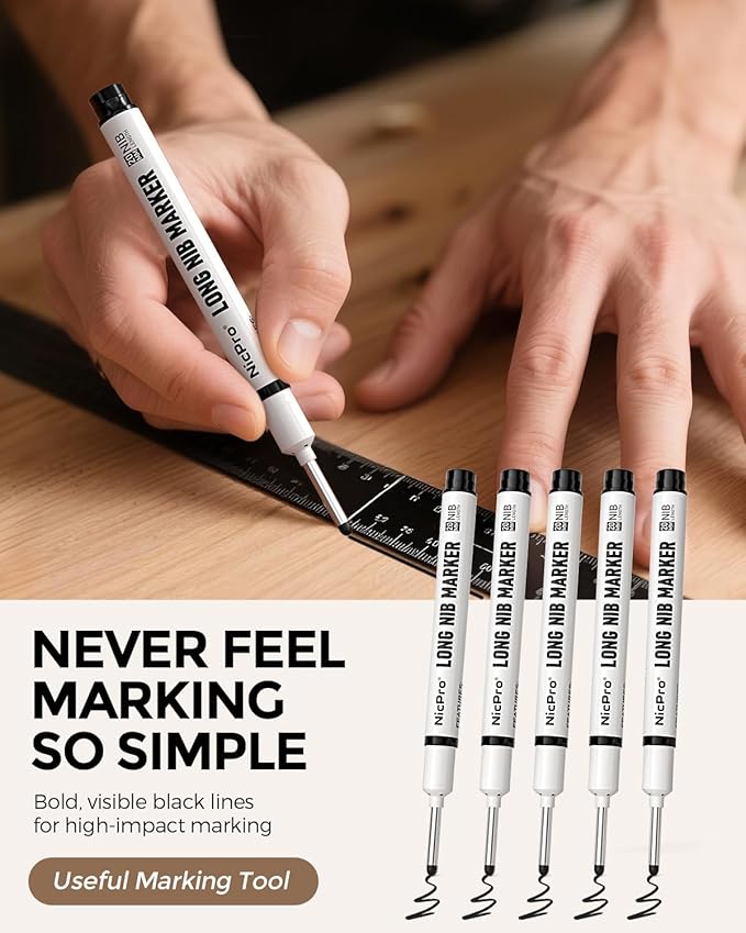 Nicpro 72 PCS Long Nib Marker Pens, 20mm Black Deep Hole Markers Bulk, Quick Dry & Waterproof Construction Marker, Long Head Mark Pens for Metal Steel Tile Glass Carpenter Marking Tool for Woodworking