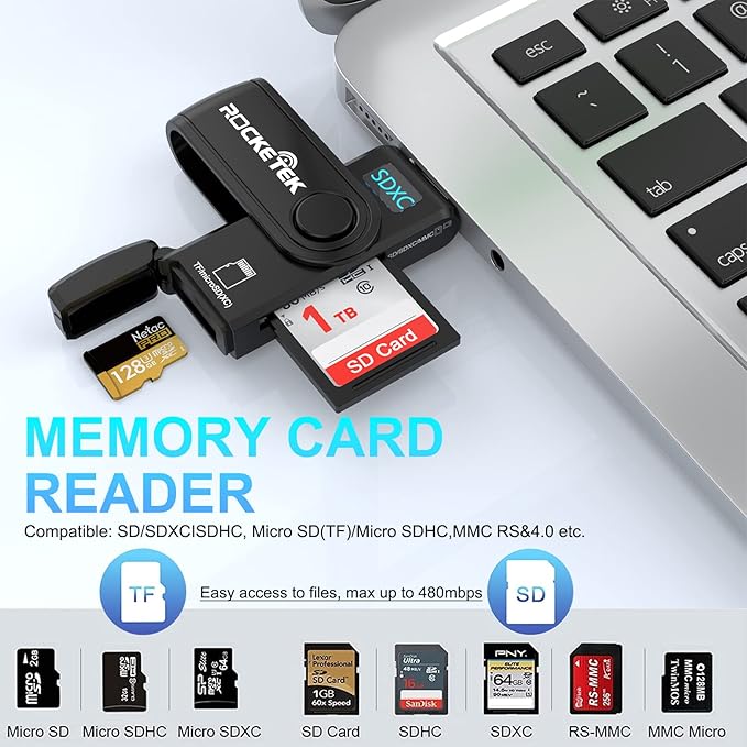 USB 3.0 SD Card Reader, Rocketek 2 Slots Memory Card Reader with a Build-in Micro SD Card Cap for SDXC/SDHC/UHS-I SD Cards, TF/Micro SD Cards Reader - Take It as a USB 3.0 Flash Drive