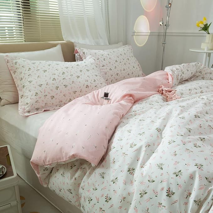 LifeTB Garden Style Duvet Cover Floral Print Bedding Sets King Pink White Floral Comforter Cover Cotton Chic Flower Print Duvet Cover for Girl Women Boho with Zipper Closure 4 Ties