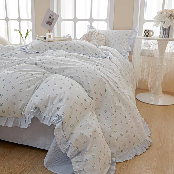 Blue Floral Duvet Cover Full Cute Flower Ruffle Duvet Cover White Soft 100% Cotton Lace Comforter Cover Floral Print Girls Princess Bedding Sets Vintage Botanical Flower Duvet Cover with 2 Pillowcases