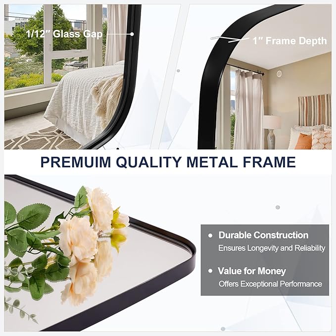 ANDY STAR 20x28 Black Bathroom Mirror, Oblong Vanity Mirror with Stainless Steel Metal Frame, Matte Black Mirror for Over Sink, Modern Anti Rust Wall Mounted