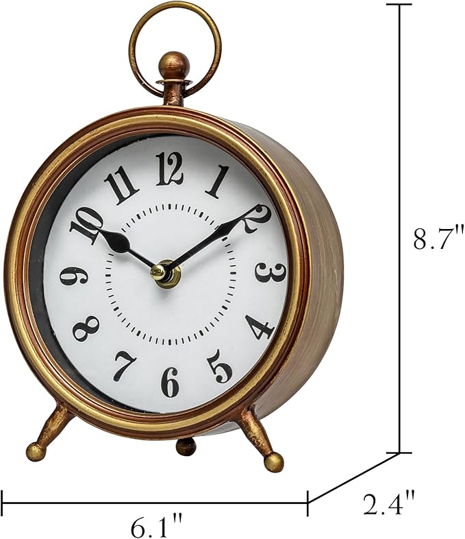 MACVAD EMAX Home Vintage Small Table Clock on Stand,Desk and Shelf Clock Decorative Farmhouse Mantel Non-Ticking Clock Rustic Metal Frame with Antique Gold Finish 9.3 Inch…